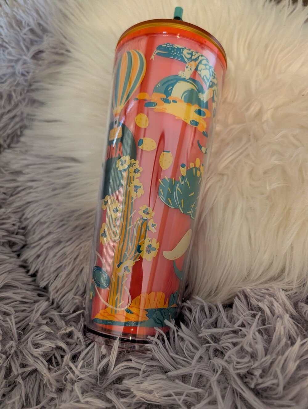 Starbucks Coral Travel Tumbler with Teal and Yellow Desert Motif